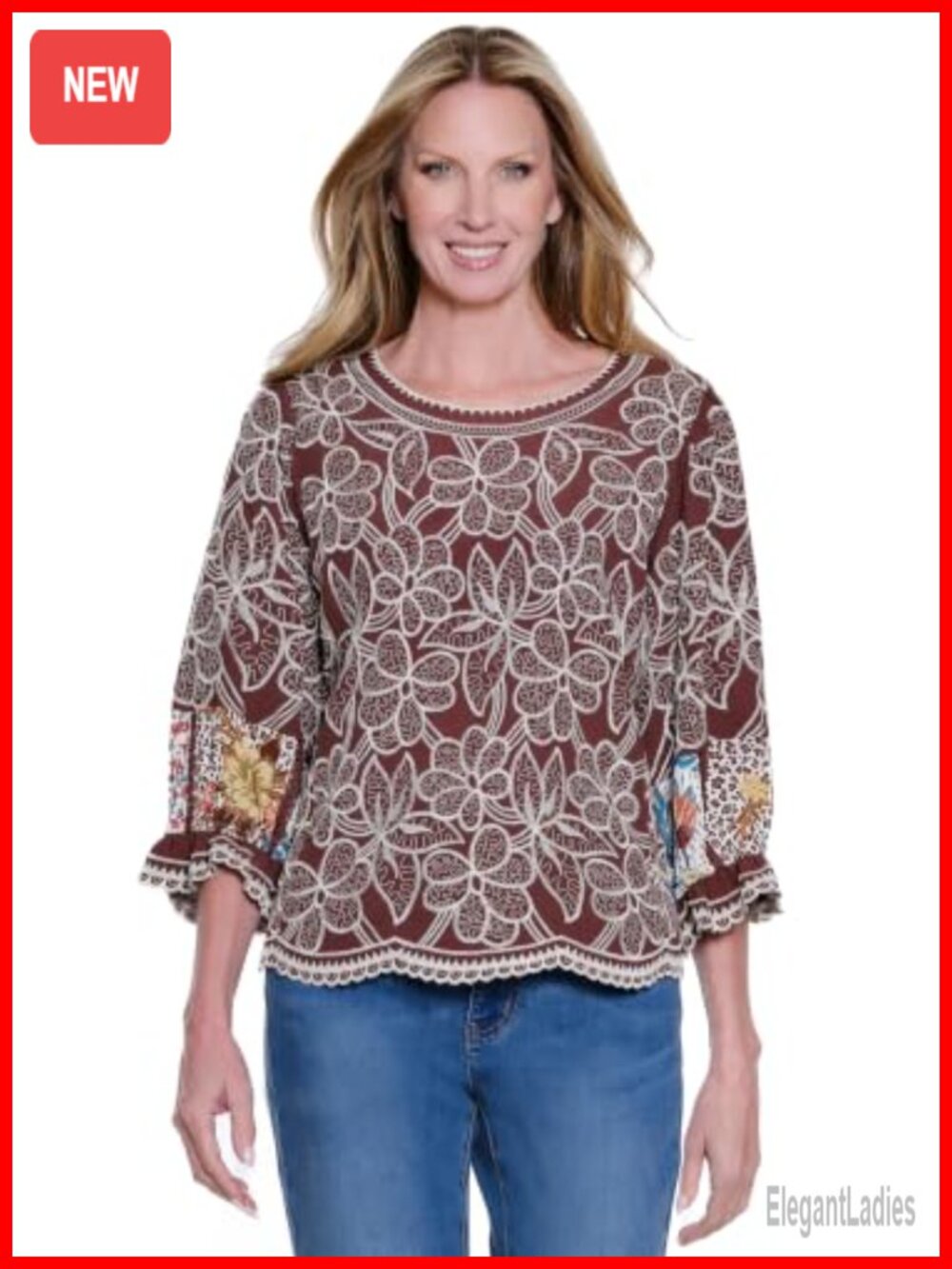Woven Embroidered 3/4 Sleeve Popover Blouse Scoop Neck Pullover